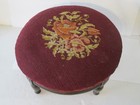 Estate Victorian Round Burgundy Needlepoint Floral Footstool Stool Wood Legs