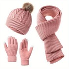 Winter Warmth Set  Red Pom Pom Beanie Neck Warmer Scarf With Touchscreen Gloves