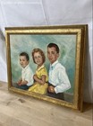 Unsigned Mid-century Oil Painting Portrait 3 Children 21x17 Vintage Gold Frame