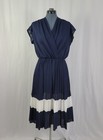 Vintage Navy Blue Wrap Bodice Blouson Dress W White Stripe Along Hem Size M l 
