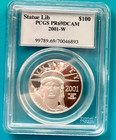 2001-w  100 Platinum Eagle Statue Liberty 1 Oz  Pcgs Pf69 Proof Deep Cameo