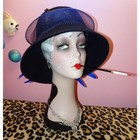 Vintage Navy Blue Wool Cloche Hat W  Feathers Kentucky Derby Church Hat Sequins