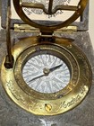 Vintage   style Brass Pocket Sundial Compass Wooden Carved Box - Made In Spain 
