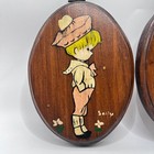 Vintage Hand Painted Wood Plaques Set Boy Girl Kitsch Wall Decor Oval 5in