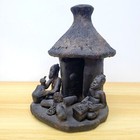 Rare Handmade African Village Scene Clay Sculpture     Hut   Figures