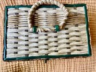 Vintage Wicker Woven Sewing Basket Box Green Satin Quilted With Contents Japan