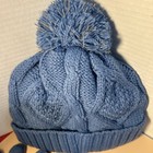 Blue Pom Pom Knitted Hat Gloves And Fringed Scarf Set