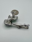Vintage Swank Silver Tone Apple Green Cats Eye Glass Cufflinks Tie Clip Set Mcm