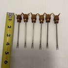Vintage Set Of 6 Wood   Metal Viking Head Cocktail Appetizer Forks Picks