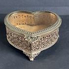 Vintage Heart Shaped Filigree Ormolu Jewelry Trinket Box With Hinged Beveled Lid
