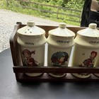 Vintage Ceramic Spice Jar Set Of 6 W  Walnut Wood Countertop Rack  Lids