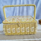 Vtg Sewing Basket   Contents  Dritz Scovill Retro Paisley Vinyl Top Yellow Mcm