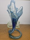 Vintage Sooner Mcm Hand Blown Blue Green Swirl Art Glass Twisted Vase 12 x7 x7 