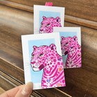 Original Aceo Foil Embellished Print 2 5 X 3 5 In      Pink Heart Spotted Jaguar