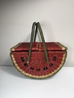 Vintage Watermelon Wicker Picnic Basket Double Hinged Lid Beaded Seeds Retro