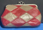 Vintage 1970s  Leather  Patchwork Kisslock Coin Purse Tan Red Silver 5 5  X 3 5 