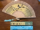 Vintage Chinese Hand Painted And Wood Carved Fan 8    In Original Box Two Sided