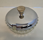 Vintage Pressed Glass Sugar-candy Dish W chrome Lid Wood Knob 4 5 