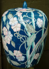 Wbi Chinese Ginger Jar Urn W Lid Hand Painted Porcelain Exotic Bird Blue Pink Lg