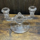 Vintage Pressed Clear Etched Glass Double Candle Stick Holders Mid Century Mod