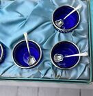 Twr Silver Plate   Cobalt Blue Glass Salt Cellars With Spoons Lot Of 6