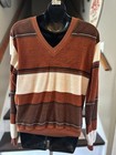 Ec Vtg Brown Striped 60 Mod 70s Campus Men M Velour Striped Vneck Pullover Shirt