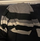 Men s Striped Knit Pullover Sweater Mock Neck Button Accent Gray Black White