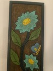 Vintage 1970s Flower   Bird Carved Wood Relief  Mexican Folk Art Wall Panel Boho