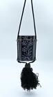 Antique Art Deco Sterling Silver   Black Enamel Floral Card Case W  Tassel