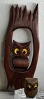 Vtg Cryptomeria Owls Wall Plaque   Owl Figure Burnt Wood Carved Lg Yellow Eyes