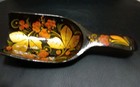Vintage Hand Painted Wooden Scoop Black Lacquered Russian Gold Red Floral