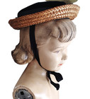 1950s Vintage Toddler Straw And Blue Velvet Hat For Large Doll