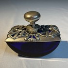 Antique Art Nouveau Rocker Inkwell Cobalt Blue Glass Pewter Dragonfly Secure Cap