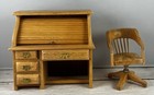 Vintage Dollhouse Furniture Miniature Roll Top Desk And Chair 1 12 Scale