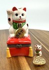 Porcelain Hinged Trinket Box Lucky Fortune Beckoning Cat Maneki Neko Japanese