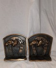Antique Vintage Cast Metal Bookends Western Horses In Horseshoe Bronze