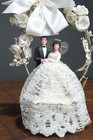 Vintage Art Deco Bride Groom Wedding Topper Sugar Sculpture Bells Lace Stand