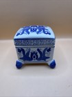 Vintage Chinese Porcelain Blue Design Hand Painted Trinket Box Footed 3 5   