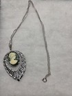Vtg Nos Silver Tone Filigree Green White Cameo Necklace