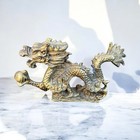 Vtg Solid Brass Chinese Dragon Figurine Flaming Pearl Feng Shui Good Luck