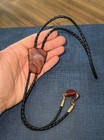 Vintage Western Natural Polished Jasper Stone Bolo Tie And Tips W  Leather Cord