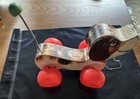 Vintage Fisher-price Little Snoopy Pull Toy  693 Wooden Dog With Red Wheels
