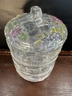 Vtg Trinket Vanity Box 3 tiers Stackable Celluloid Weave Pink Floral Lid