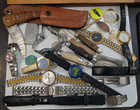 Vintage Watch Lot Pocket Knives Fixed Blade Knife Coins Pins Estate Junk Lot