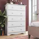 White Finish Wide 5 Drawer Dresser 100  Solid Wood Chest Of Drawers