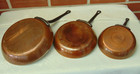 Set 3 Vintage French Graduating Copper Frying Pans Skillet 2mm Rim Tin Lined
