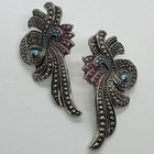Vtg Art Deco Revival Wing Earrings Faux Marcasite Silvertone Colorful Enamel