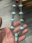 Sterling Silver Turquoise Navajo Pearl Squash Blossom Station Drop Necklace  925