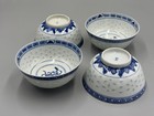 Lot Of 4 Antique 20th C  Chinese Rice Grain Porcelain Bowls 4 1 2  
