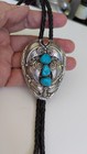 Vintage 3 Turquoise And 1 Red Coral Mens Bolo Western Tie Sterling Silver